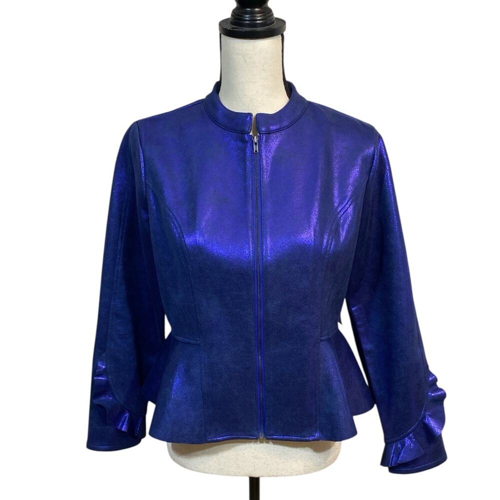 C Wonder Metallic Violet Faux Leather Band Peplum Zip Jacket SP